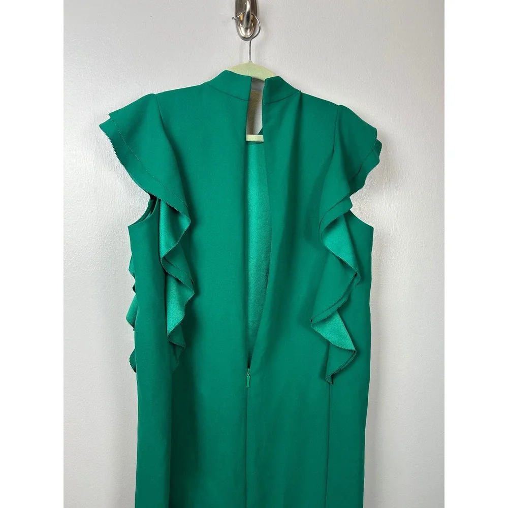 Kate Spade Emerald Green Ruffle‎ Shift Dress Size 14 Satin Crepe Flutter Sleeve